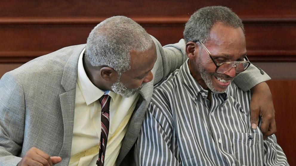 PHOTO: Nathan Myers, left, hugs his uncle, Clifford Williams, during a news conference after their 1976 murder convictions were overturned Thursday, March 28, 2019 in Jacksonville, Fla.