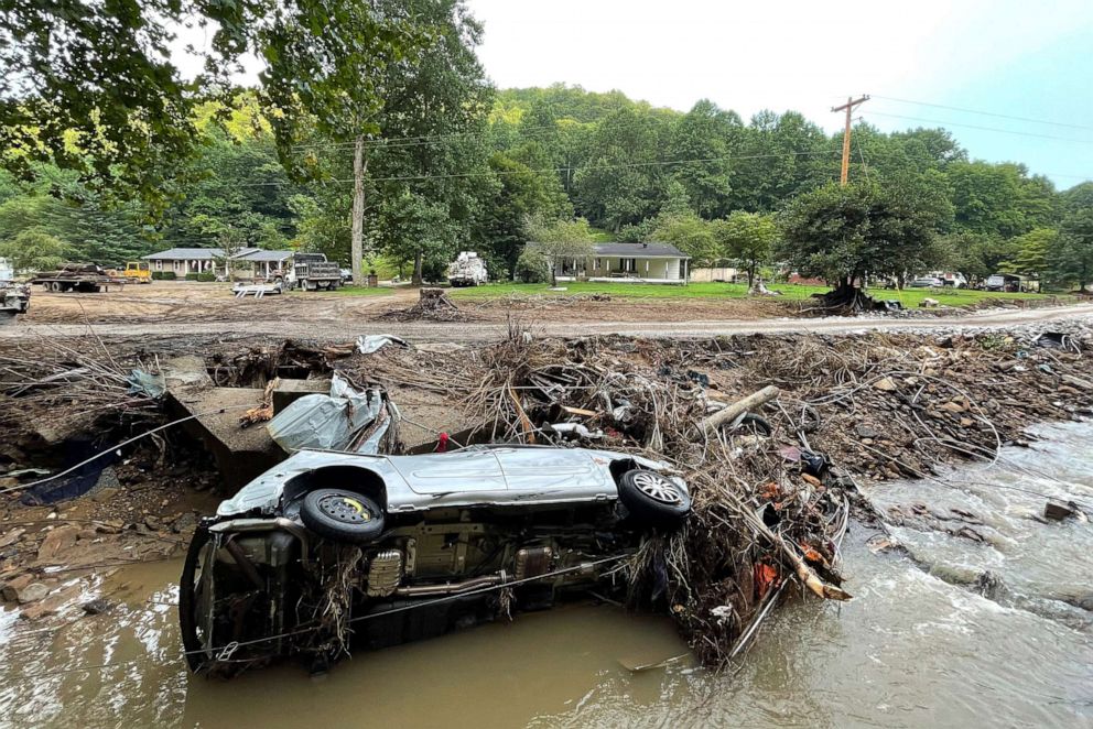 PHOTO: A car washed into the Squabble Creek by the floods in Buckhorn, Ky., Aug. 5, 2022.