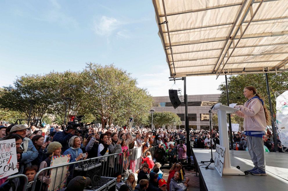 PHOTO: Swedish teen environmental activist Greta Thunberg speaks at a climate change rally in Charlotte, N.C., Nov. 8, 2019.