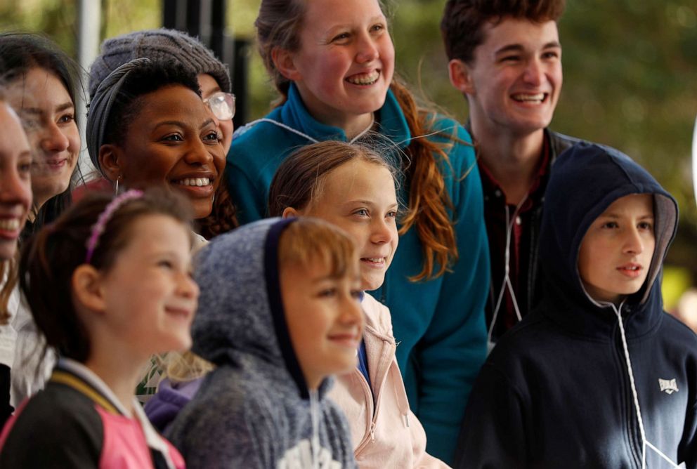 PHOTO: Swedish teen environmental activist Greta Thunberg takes a group photo with fellow activists following a climate change rally in Charlotte, N.C.,  Nov. 8, 2019.