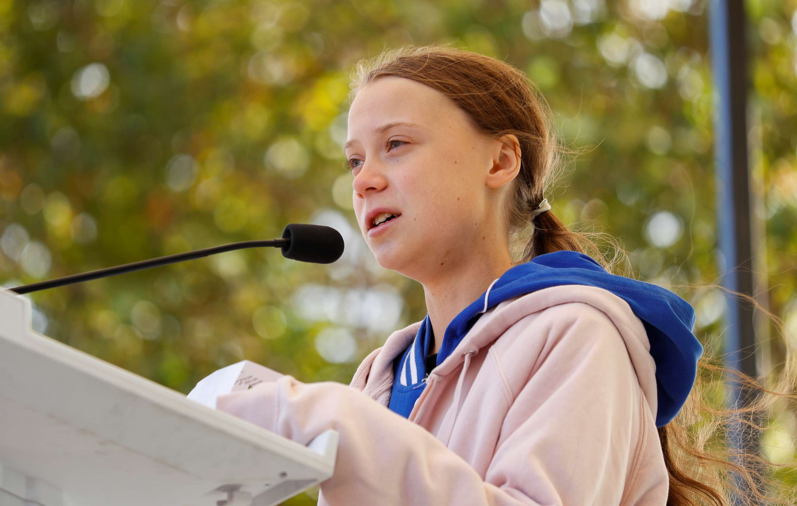 PHOTO: Swedish teen environmental activist Greta Thunberg speaks at a climate change rally in Charlotte, N.C., Nov. 8, 2019.