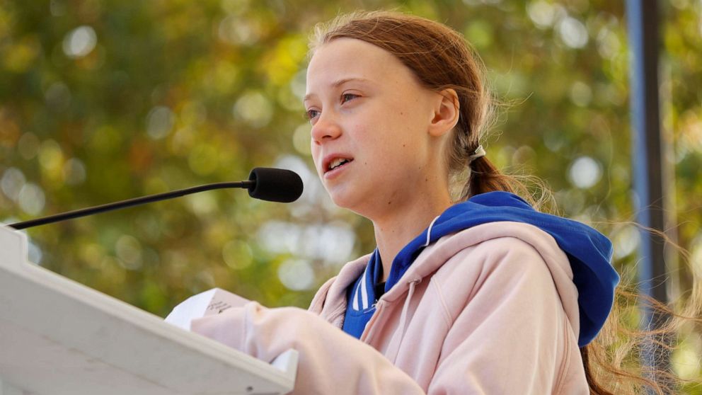 PHOTO: Swedish teen environmental activist Greta Thunberg speaks at a climate change rally in Charlotte, N.C., Nov. 8, 2019.