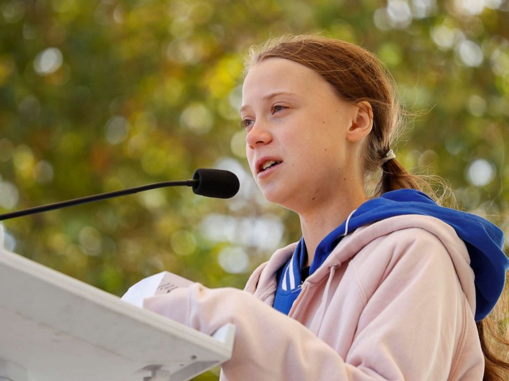 PHOTO: Swedish teen environmental activist Greta Thunberg speaks at a climate change rally in Charlotte, N.C., Nov. 8, 2019.