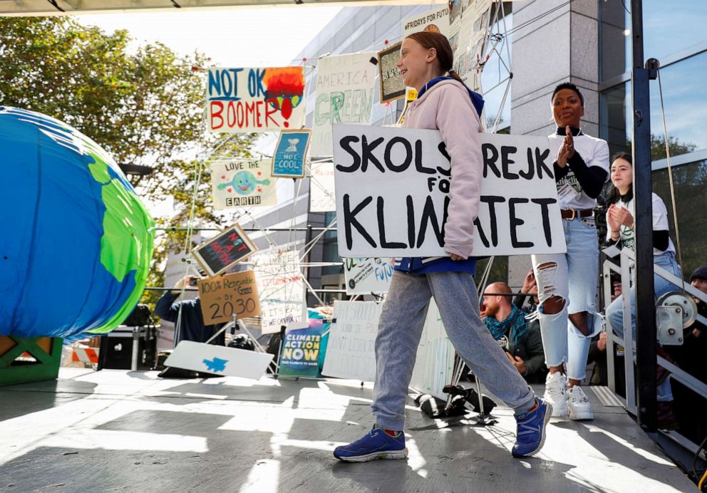 PHOTO: Swedish teen environmental activist Greta Thunberg walks to the stage before leading a climate change rally in Charlotte, N.C., Nov. 8, 2019.