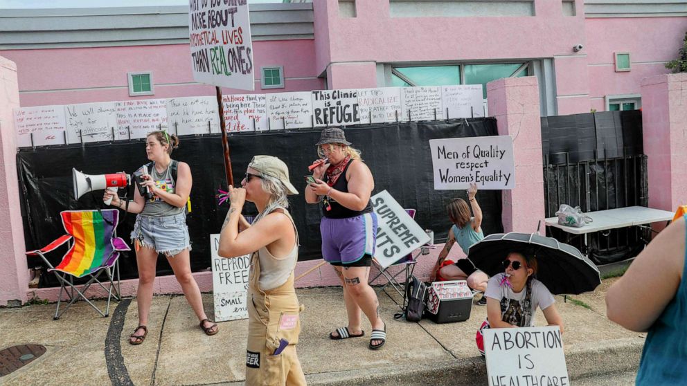 PHOTO: Pro-abortion rights demonstrators protest in front of the Jackson Women's Health Organization in Jackson, Miss, July 7, 2022. 