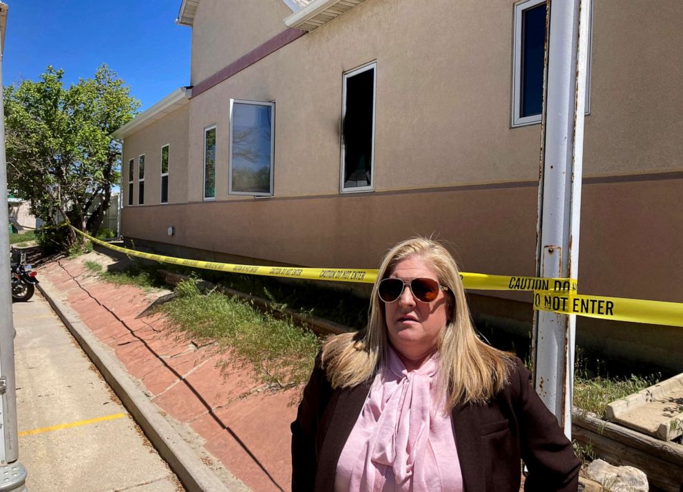 PHOTO: Julie Burkhart, founder of the Wellspring Health Access clinic in Casper, Wyo., stands outside the clinic, May 26, 2022, following an arson fire.