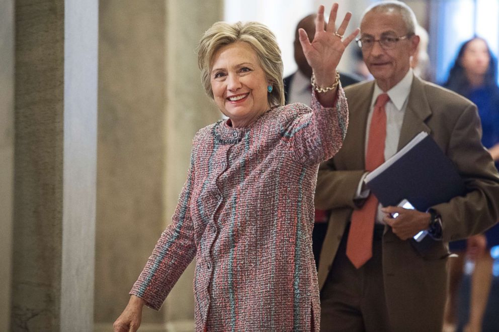 PHOTO: Presidential candidate Hillary Clinton and her campaign chairman, John Podesta, arrive in the Capitol to meet with Senate Democrats, July 14, 2016.