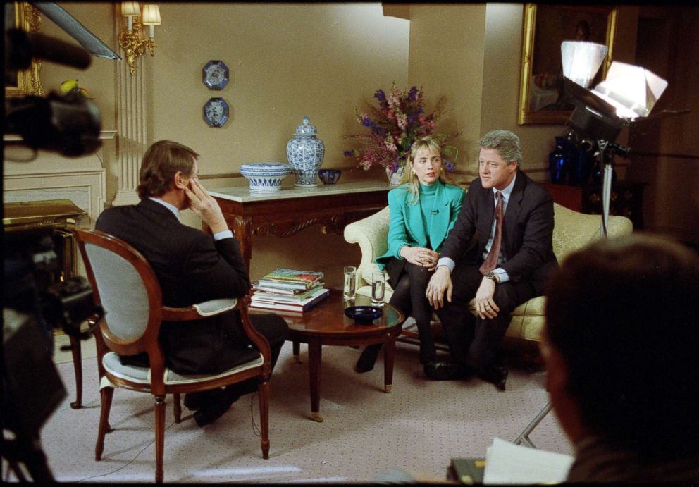 PHOTO: Hillary Rodham Clinton and Bill Clinton speak with Steve Kroft during a "60 Minutes" interview, Jan. 26, 1992.