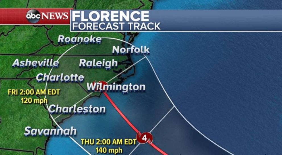 PHOTO: Florence, as a hurricane, will approach the Southeast coastline overnight Thursday into Friday.