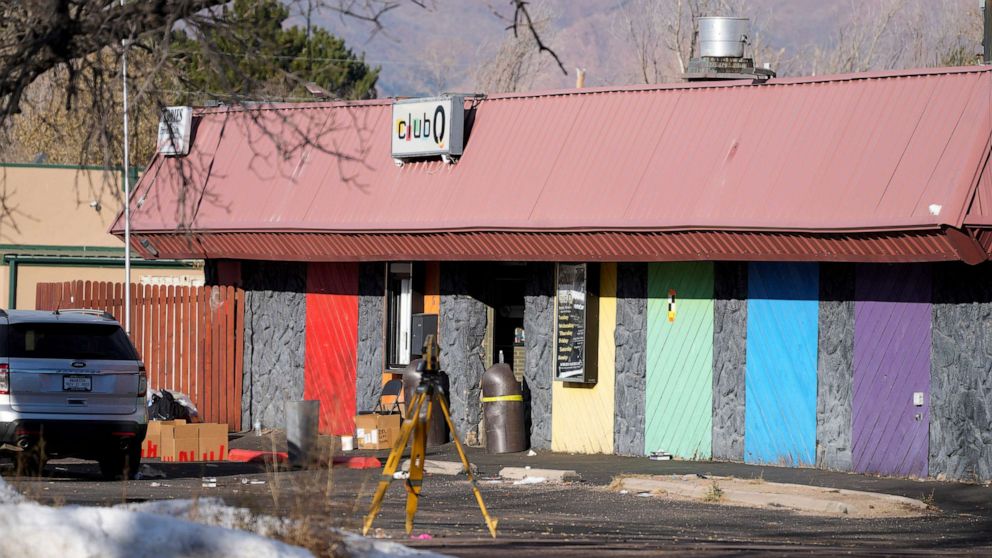 PHOTO: The door to Club Q is open as investigators continue to collect evidence after a mass shooting at the gay nightclub, Nov. 23, 2022, in Colorado Springs, Colo.
