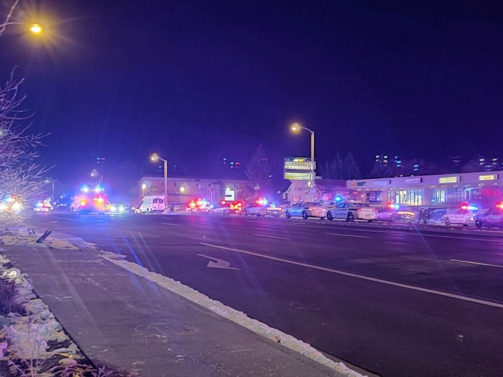 PHOTO: A view of various emergency vehicles with flashing lights parked on a street, after a shooting in a club, in Colorado Springs, Colorado, on Nov. 20, 2022, in this picture obtained from social media.