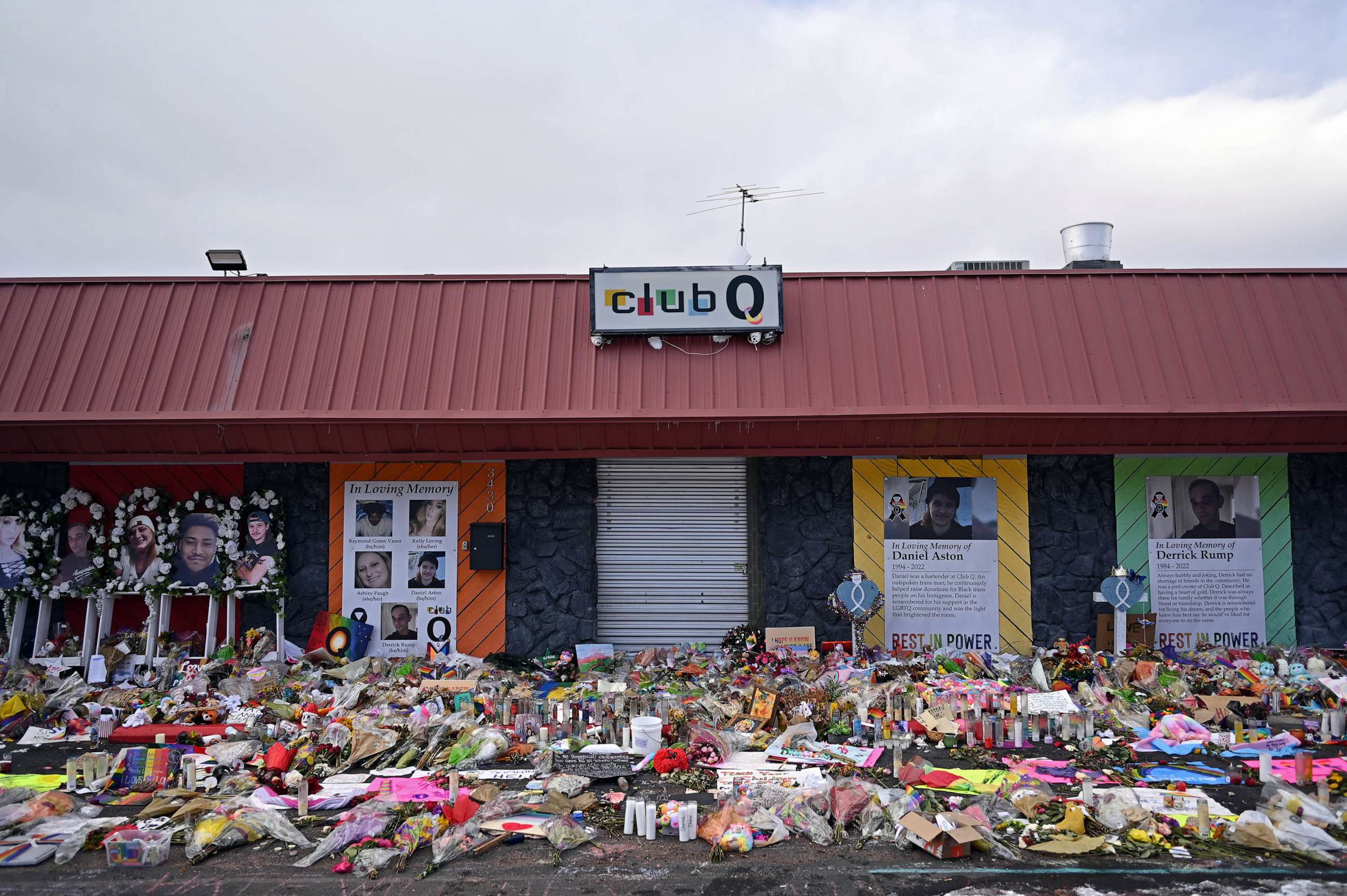 PHOTO: Club Q and the memorial for the victims of the shooting photographed in Colorado Springs, Colo., Nov. 29, 2022.
