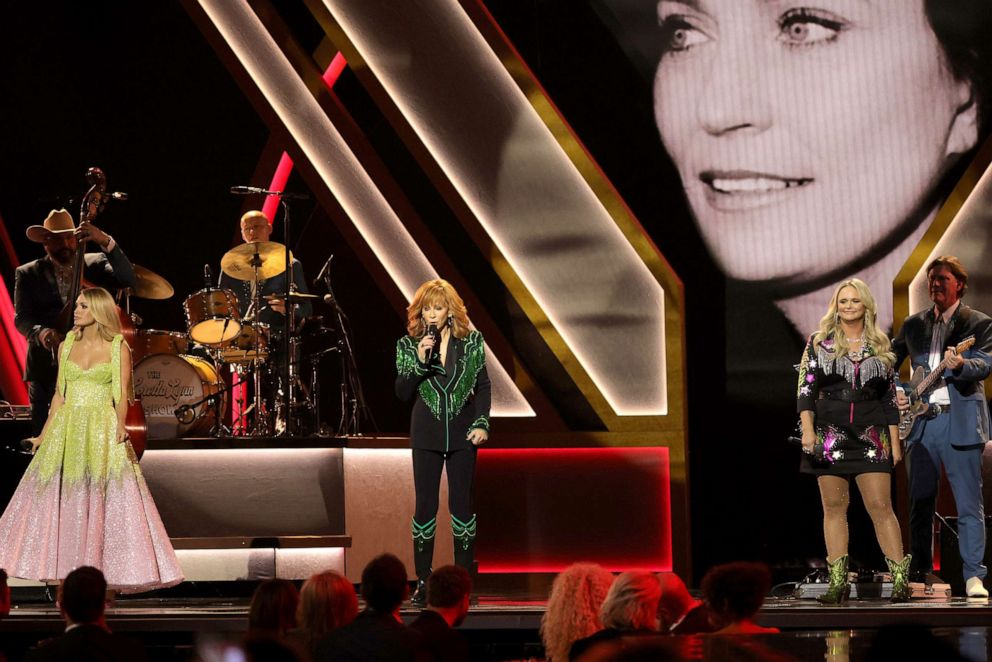 PHOTO: Carrie Underwood, Reba McEntire and Miranda Lambert perform onstage at The 56th Annual CMA Awards at Bridgestone Arena on Nov. 9, 2022, in Nashville, Tenn.