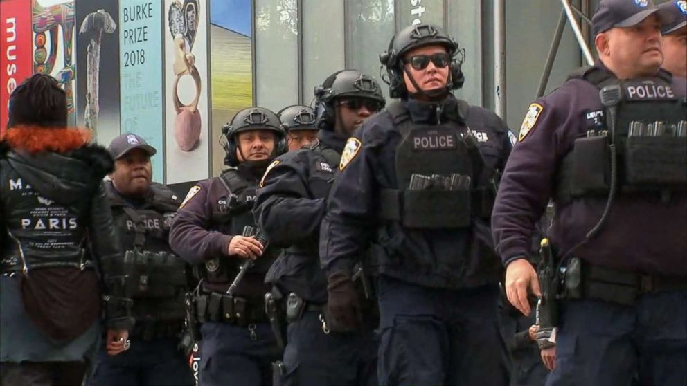 PHOTO: Police stand outside the Time Warner Center in New York City after a suspicious package was found inside the CNN Headquarters, Oct. 24, 2018.
