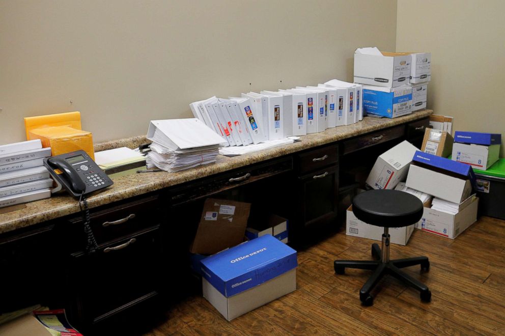 PHOTO: Binders and boxes store the database of black lung cases gathered by Dr. Brandon Crum at United Medical Group in Pikeville, Ky., May 22, 2018. Dr. Crum first noticed the massive number of x-rays of complicated black lung in the region.