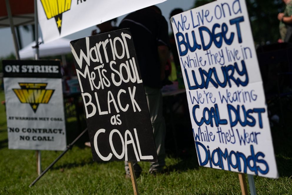 PHOTO: Pro-union signs stand during the United Mine Workers of America Local (UMWA) rally in Brookwood, Ala. Aug. 3, 2021.
