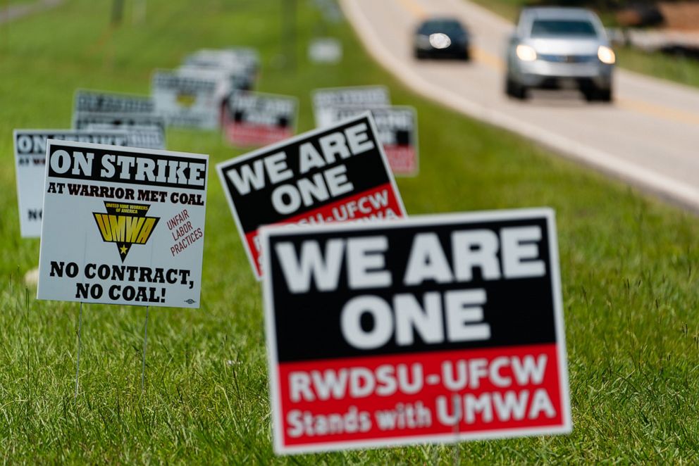 PHOTO: Pro-union signs near a United Mine Workers of America Local (UMWA) rally in Brookwood, Ala., Aug. 3, 2021. 