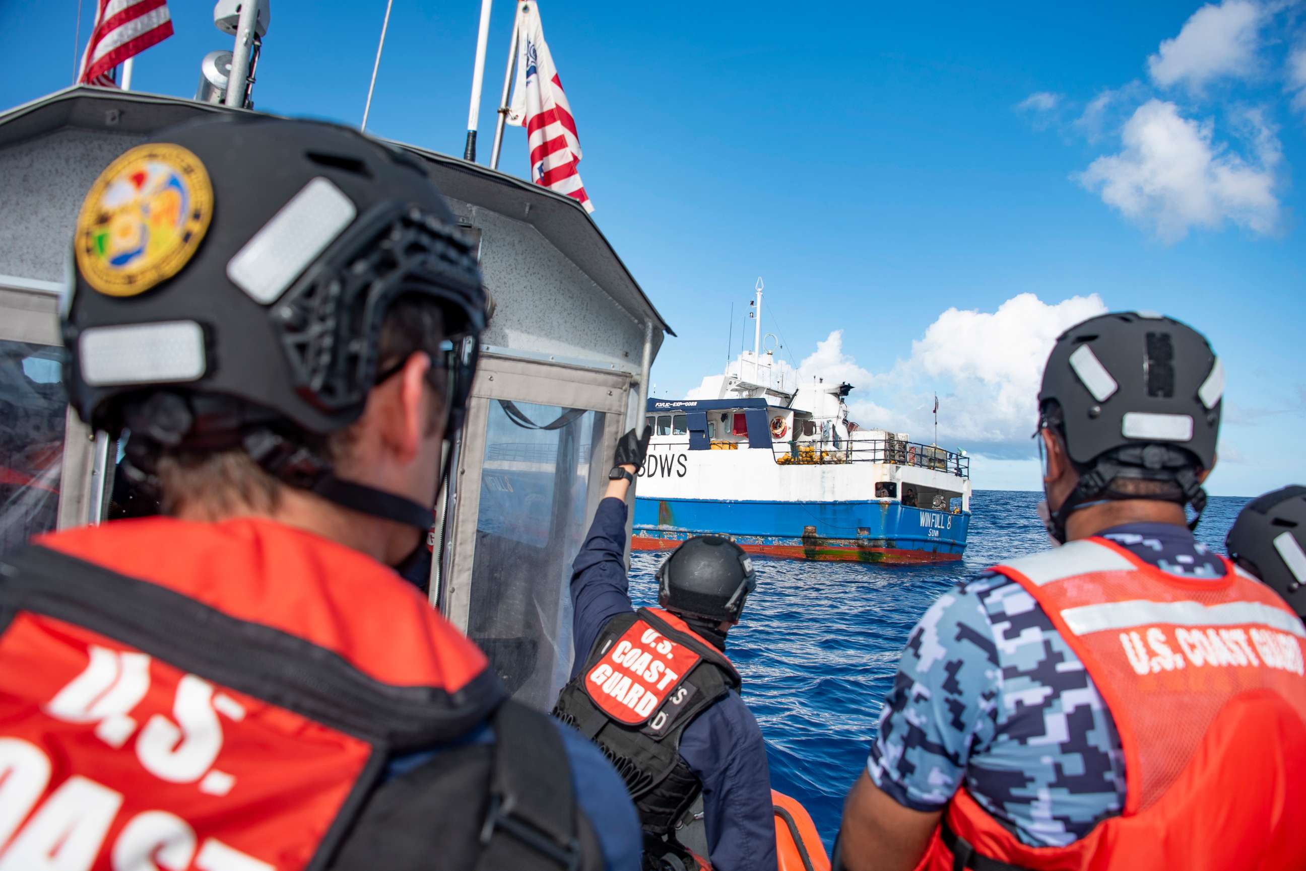 PHOTO: In this photo made available by the U.S. Coast Guard, the crew of the Coast Guard Cutter Stratton conducts patrols in Fiji's exclusive economic zone with Fijian law enforcement personnel in February 2022. 