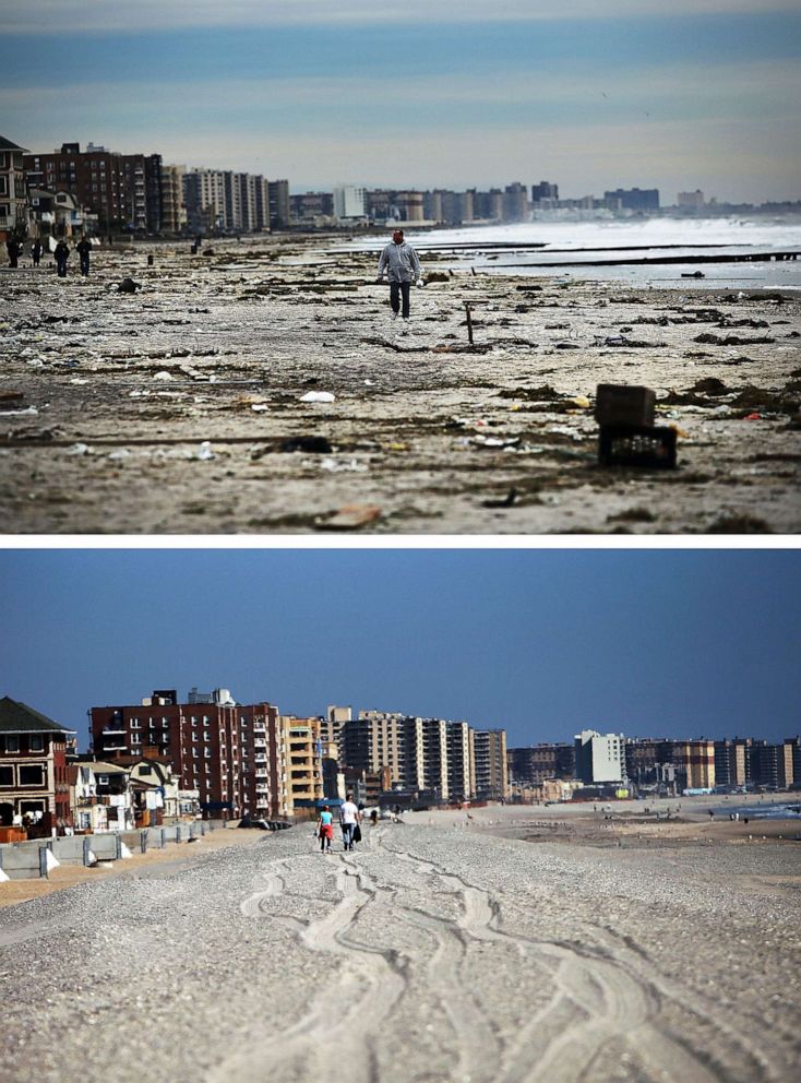 PHOTO: (top) A man walks along the heavily damaged Rockaway beach, Nov. 2, 2012 (bottom) People walk down the beach in Rockaway neighborhood of the Queens borough of New York City, Oct. 23, 2013.