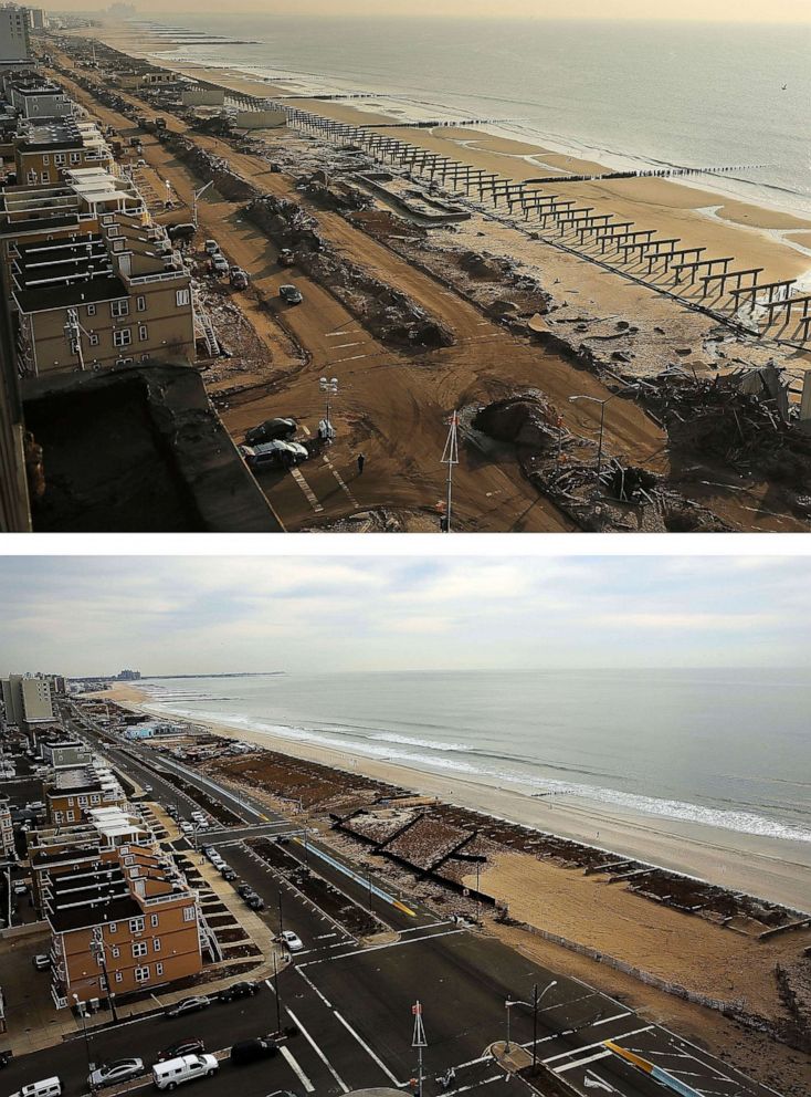 PHOTO: A composite image shows the boardwalk washed away during Hurricane Sandy in the Rockaway neighborhood of the Queens borough of New York, Nov. 10, 2012 (top) and cars parked on the street in the Rockaway neighborhood, Oct. 19, 2013 (bottom).