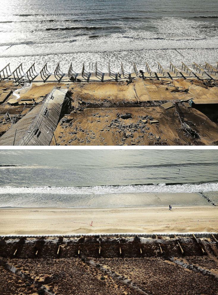 PHOTO: A composite image shows the Rockaway boardwalk area after Hurricane Sandy, Oct. 31, 2012 (top) and a year later (bottom) in the Rockaway neighborhood of the Queens borough of New York, Oct. 20, 2013.