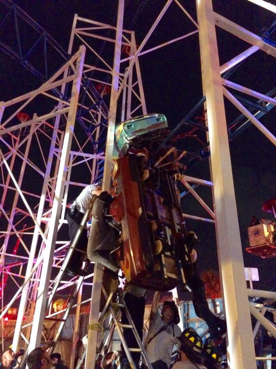 Firefighters in Daytona Beach, Florida, were called in to rescue 10 people trapped on a derailed roller coaster.