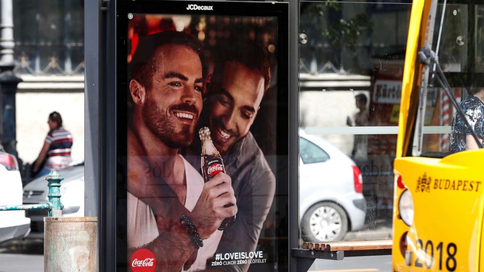 PHOTO: A billboard, part of a campaign by Coca-Cola promoting gay acceptance, which has prompted a political backlash is seen in Budapest, Hungary, Aug. 5, 2019.
