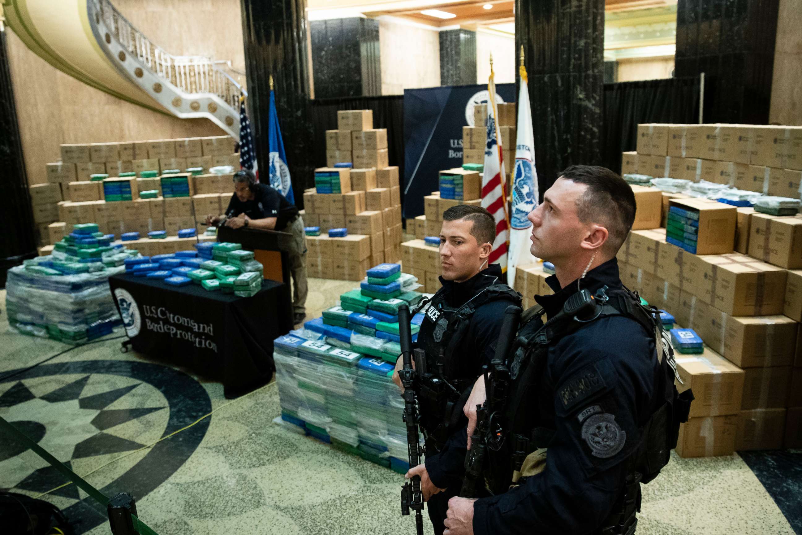 PHOTO: Officers stand guard over a fraction of the cocaine seized from a ship at a Philadelphia port ahead of a news conference at the U.S. Custom House in Philadelphia, June 21, 2019.