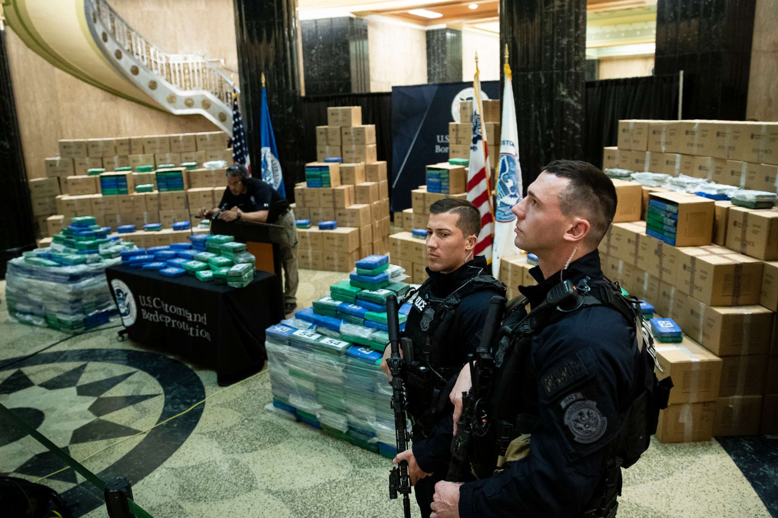 PHOTO: Officers stand guard over a fraction of the cocaine sized from a ship at a Philadelphia port is seen ahead of a news conference at the U.S. Custom House in Philadelphia, June 21, 2019.