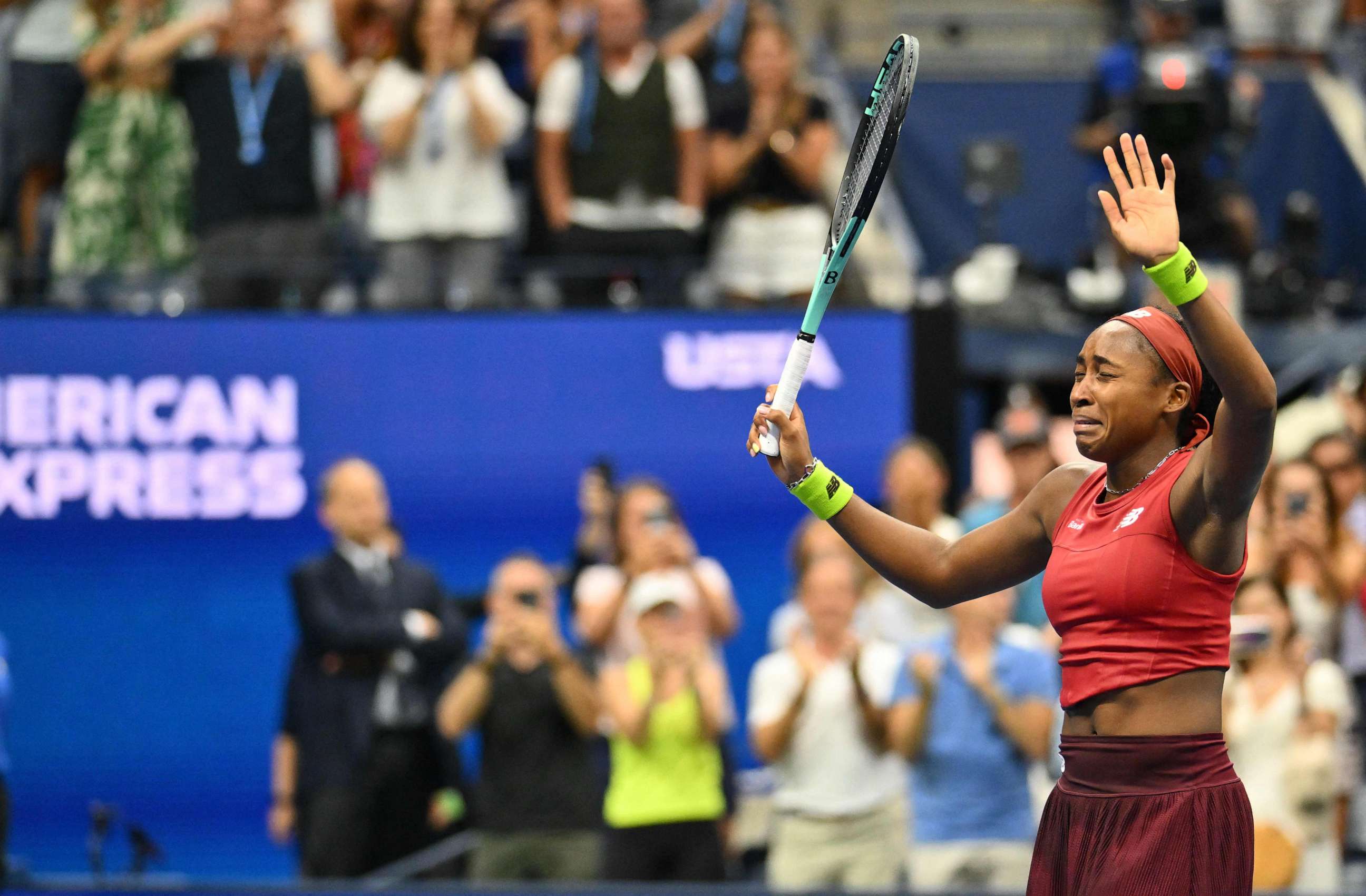 PHOTO: USA's Coco Gauff reactys as she plays Belarus's Aryna Sabalenka during the US Open tennis tournament women's singles final match at the USTA Billie Jean King National Tennis Center in New York on September 9, 2023.