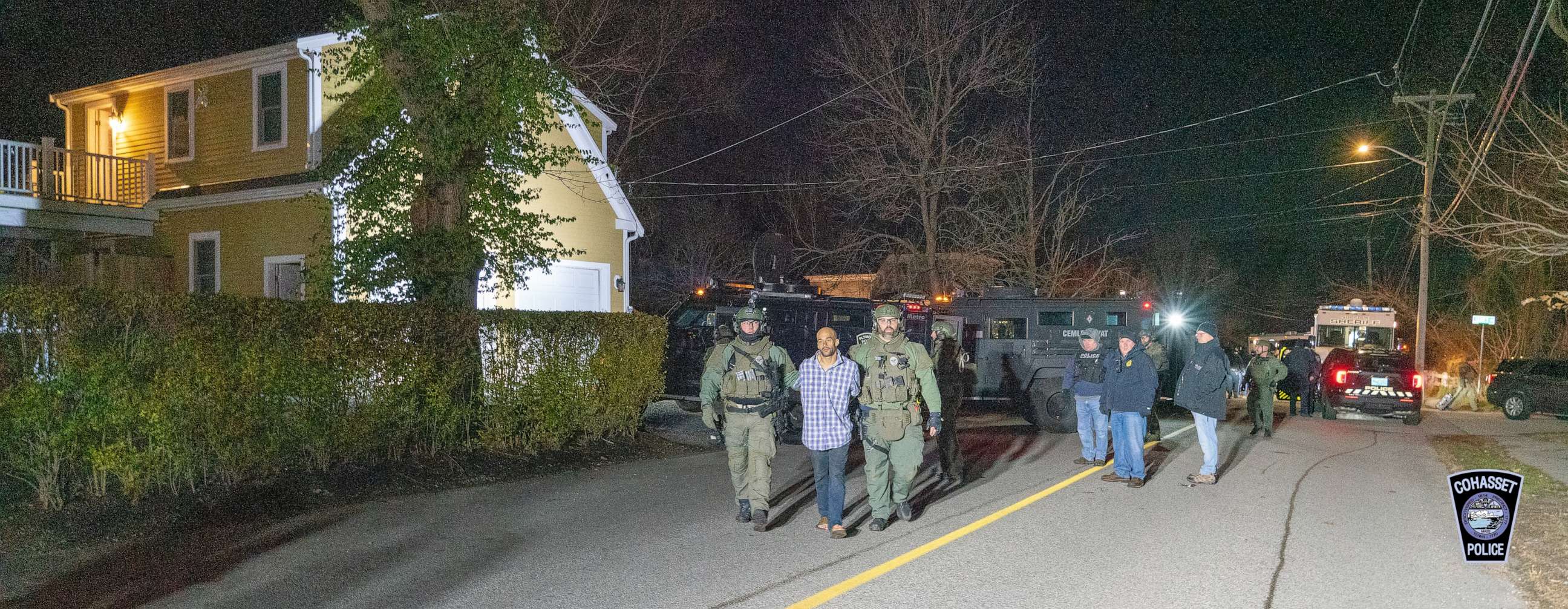 PHOTO: Police escort a man identified as Brien Buckley, 35, down a street in Cohasset, Massachusetts, in a photo supplied Sunday, Dec. 18, by the Cohasset Police Department.