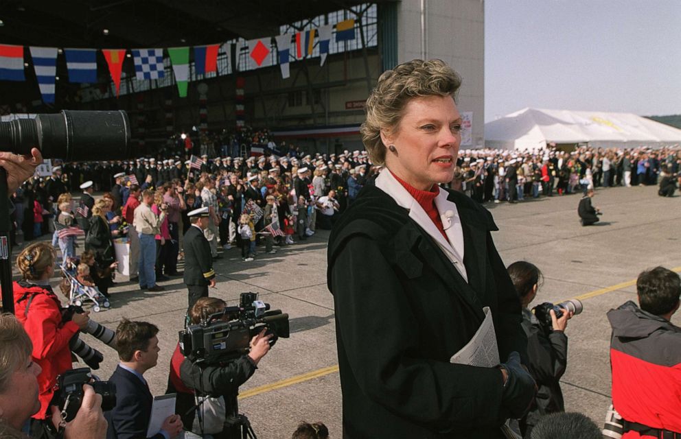 PHOTO: ABC News' broadcasts live with Cokie Roberts as the 24 American soldiers held captive in China disboard their airplane at Whidbey Island Naval Air Station in Oak Harbor, Wash., April 14, 2001.