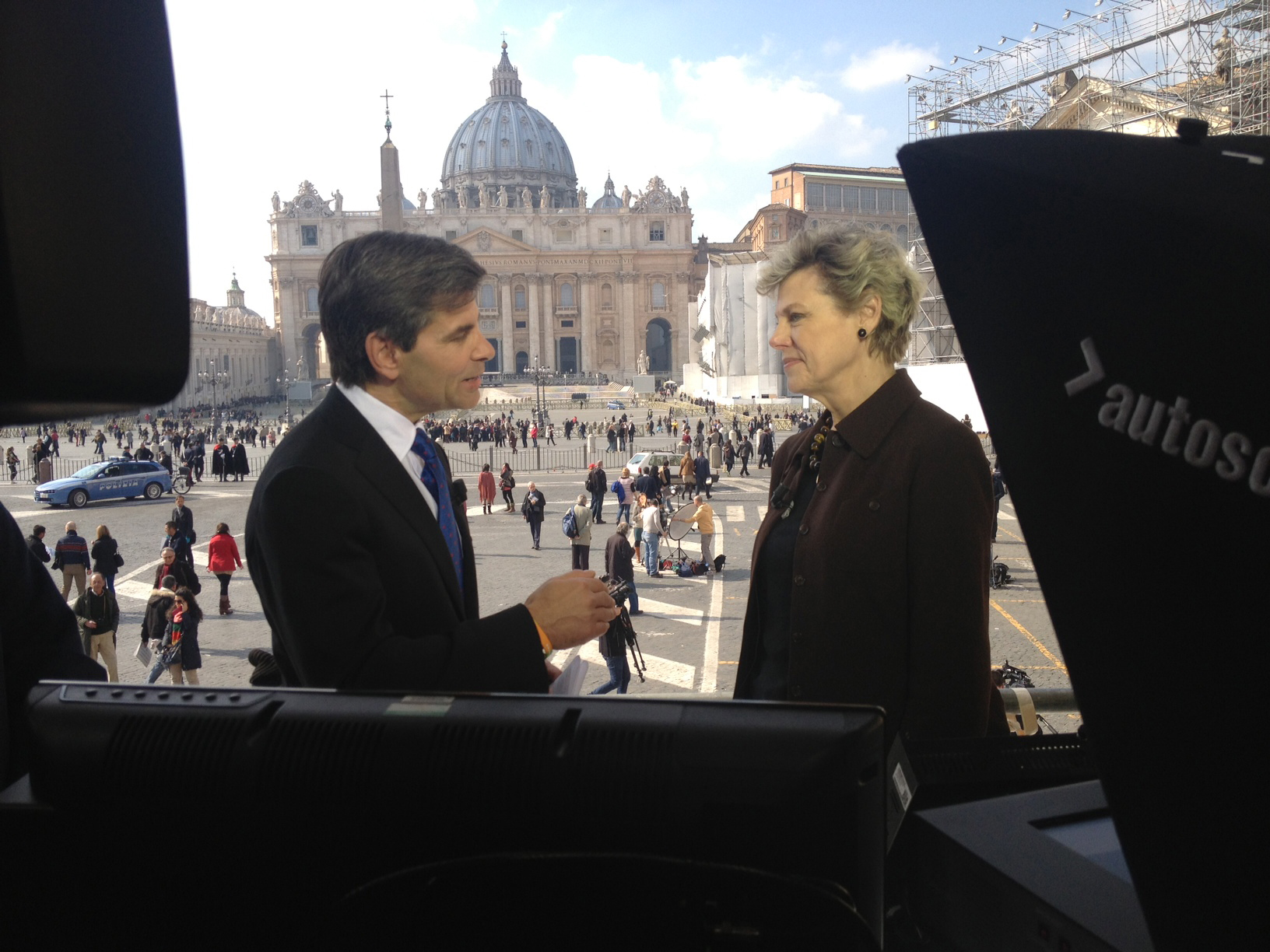 PHOTO: George Stephanopoulos and Cokie  Roberts are shown during coverage from Vatican City in Rome, Italy, of the resignation of Pope Benedict XVI and the selection of his successor, Feb. 28, 2013.