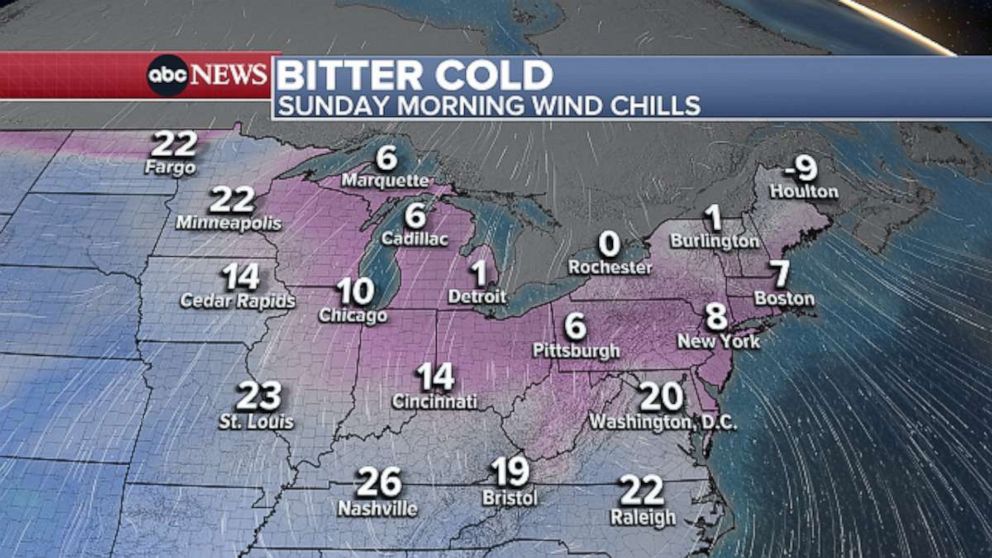 PHOTO: Wind chills Sunday morning will be in the single digits from New York to Boston.