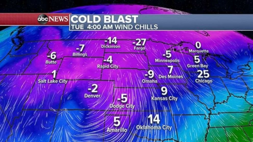 PHOTO: Bitterly cold air will move into the central U.S. behind the storm system on Tuesday.