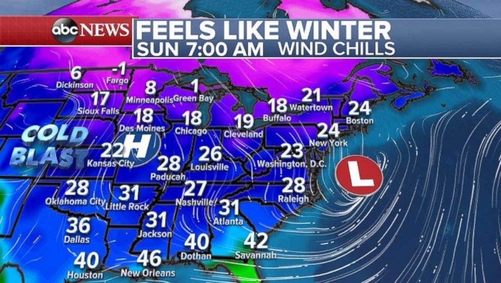 Wind chill readings are in the teens and 20s across most of the Midwest and Northeast on Sunday morning.