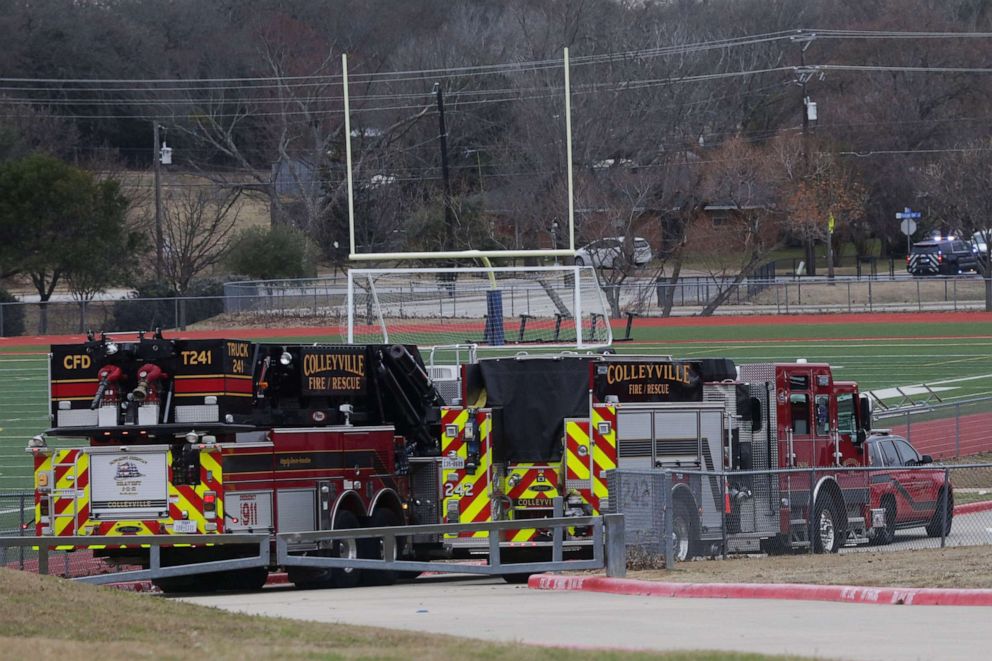 PHOTO: Emergency responders are seen near a synagogue where a man has reportedly taken people hostage at a synagogue, in Colleyville, Texas, Jan. 15, 2022. 