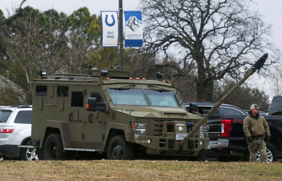 PHOTO: An armored law enforcement vehicle is seen in the area where a man has reportedly taken people hostage at a synagogue in Colleyville, Texas, Jan. 15, 2022. 