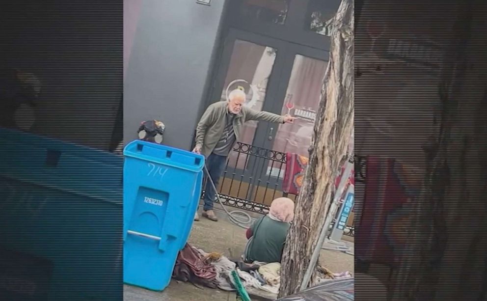PHOTO: A San Francisco art gallery owner Collier Gwin apologized after a video showed him spraying an unhoused person with a water hose who was sitting in front of his gallery.