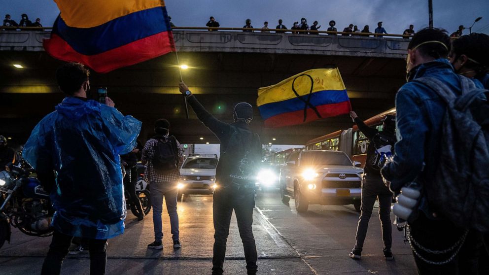 PHOTO: People block traffic while protesting proposed tax reforms in Bogota, Colombia, May 4, 2021. 