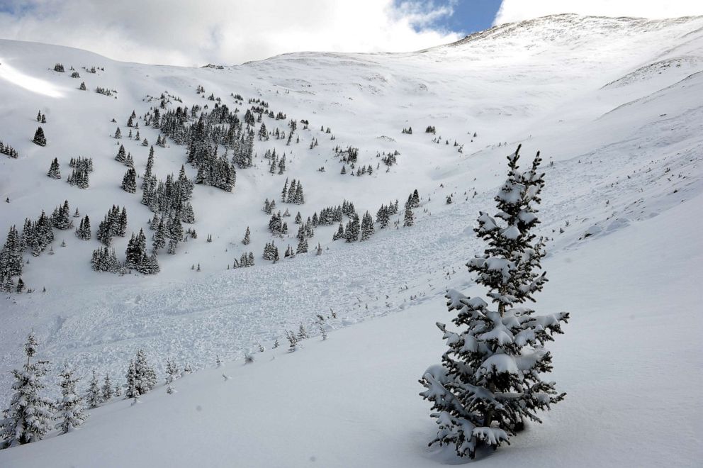 PHOTO: In this April 21, 2013, file photo, the path of an avalanche that occurred on April 20, 2013, is shown, in an area known as Sheep Creek near Loveland Pass, Colorado.