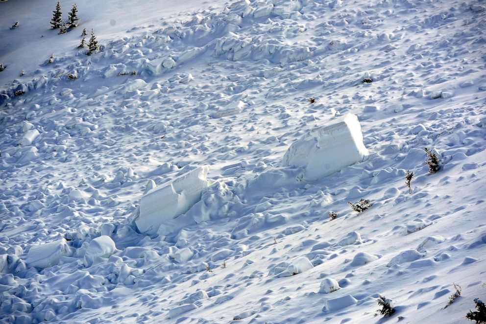 PHOTO: In this April 21, 2013, file photo, the path of an avalanche is shown in an area known as Sheep Creek near Loveland Pass, Colorado. Some of the blocks of snow are the size of small cars.