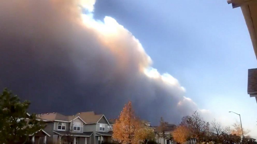 PHOTO: Smoke plume from the Cameron Peak Fire seen over Larimer County, Colorado, Oct. 14, 2020, in this still image from time-lapse video obtained via social media.