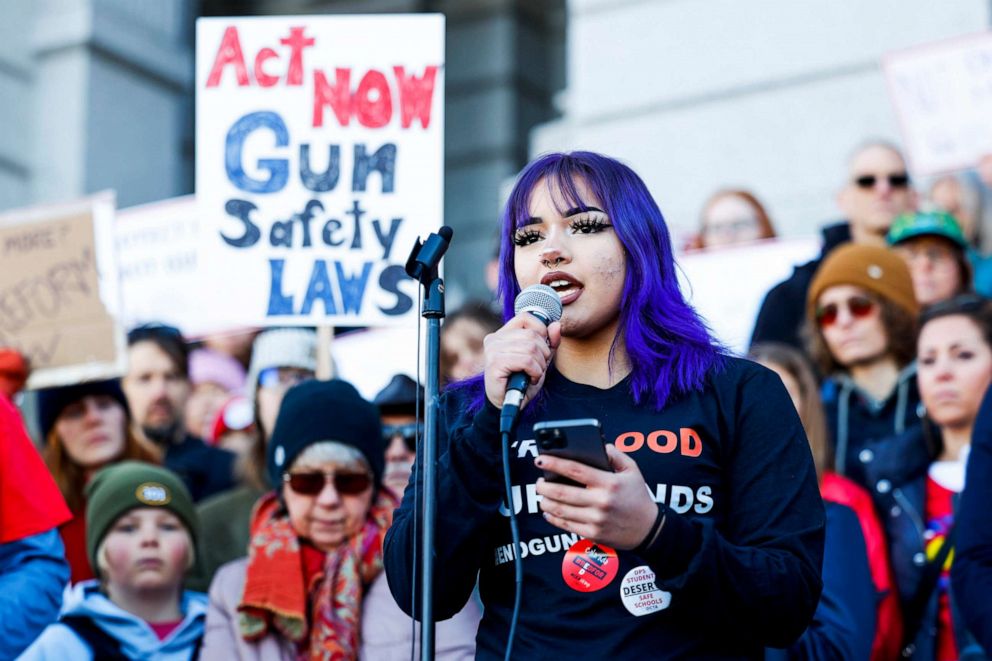 PHOTO: North High School sophomore Angeli Cazares gives a speech at a protest to end gun violence in schools at the Colorado State Capitol on March 24, 2023 in Denver, Colorado.