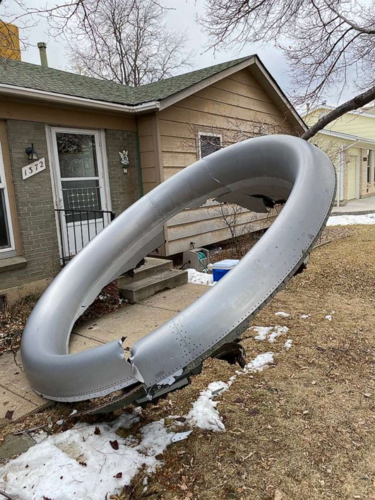 PHOTO: A photo shows debris from a Boeing 777-200 on United Flight 328   outside a home off Elmwood, Colo., in a photo posted by the Broomfield Police Department in their Twitter account. 