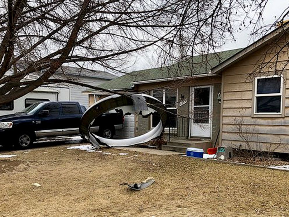 PHOTO: A photo shows debris from a Boeing 777-200 on United Flight 328 outside a home off Elmwood, Colo., in a photo posted by the Broomfield Police Department in their Twitter account.
