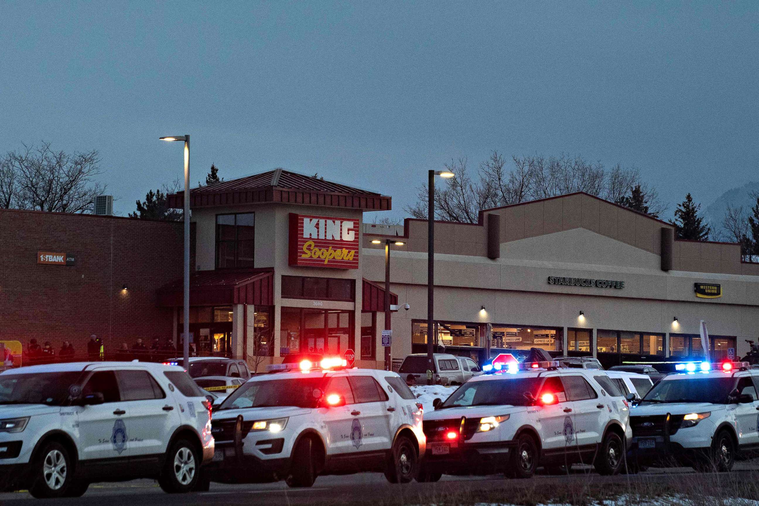 PHOTO: Police vehicles line the outside of the King Soopers grocery store in Boulder, Colo. on March 22, 2021 after reports of an active shooter.