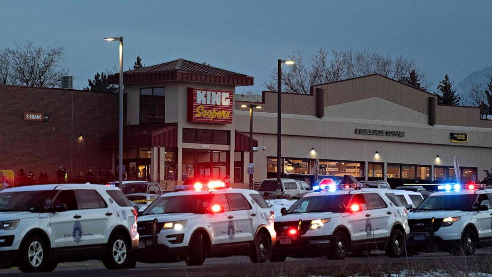 PHOTO: Police vehicles line the outside of the King Soopers grocery store in Boulder, Colo. on March 22, 2021 after reports of an active shooter.