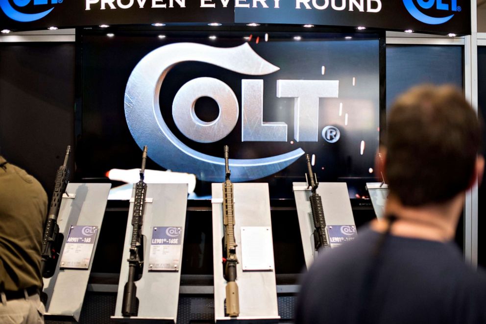 PHOTO:Rifles sit on display in the Colt's Manufacturing Co. booth on the exhibition floor of the 144th National Rifle Association (NRA) Annual Meetings and Exhibits in Nashville, Tenn., April 11, 2015. 