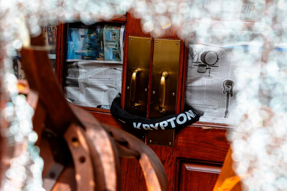 PHOTO: A bicycle lock holds a barricaded door at Hamilton Hall at Columbia University on April 30, 2024, in New York. 